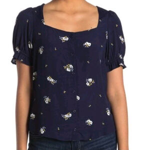 Elodie Blouse Size M Navy Blue Floral Puff Sleeve Button Up Scoop Neck NWT
